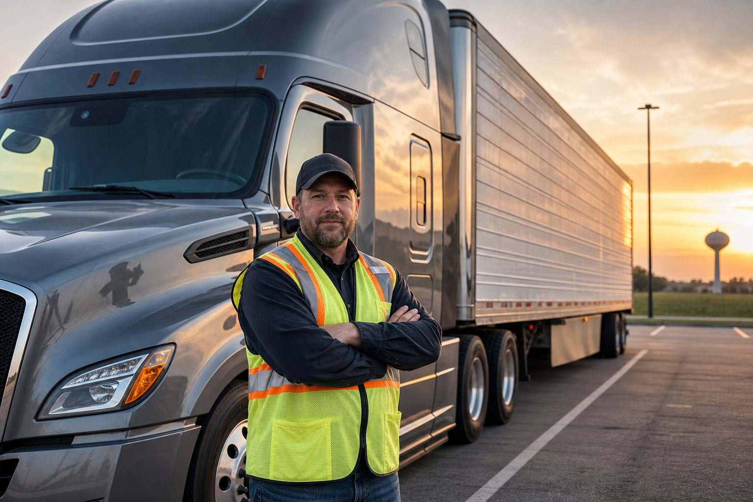 Experienced CDL driver standing beside a modern highway tractor at a rest area in Illinois during golden hour