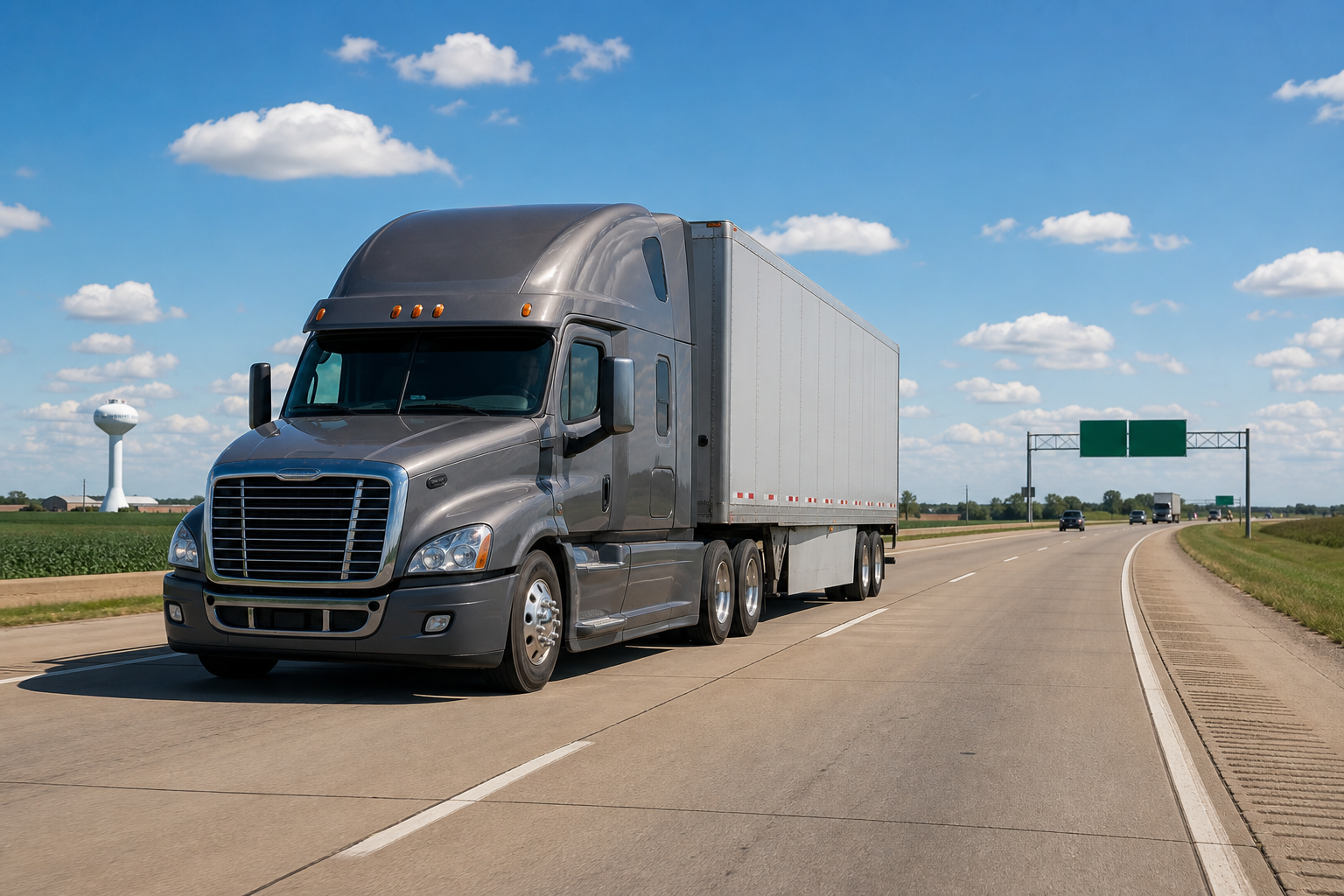 Modern semi truck driving on a U.S. interstate highway with logistics signage