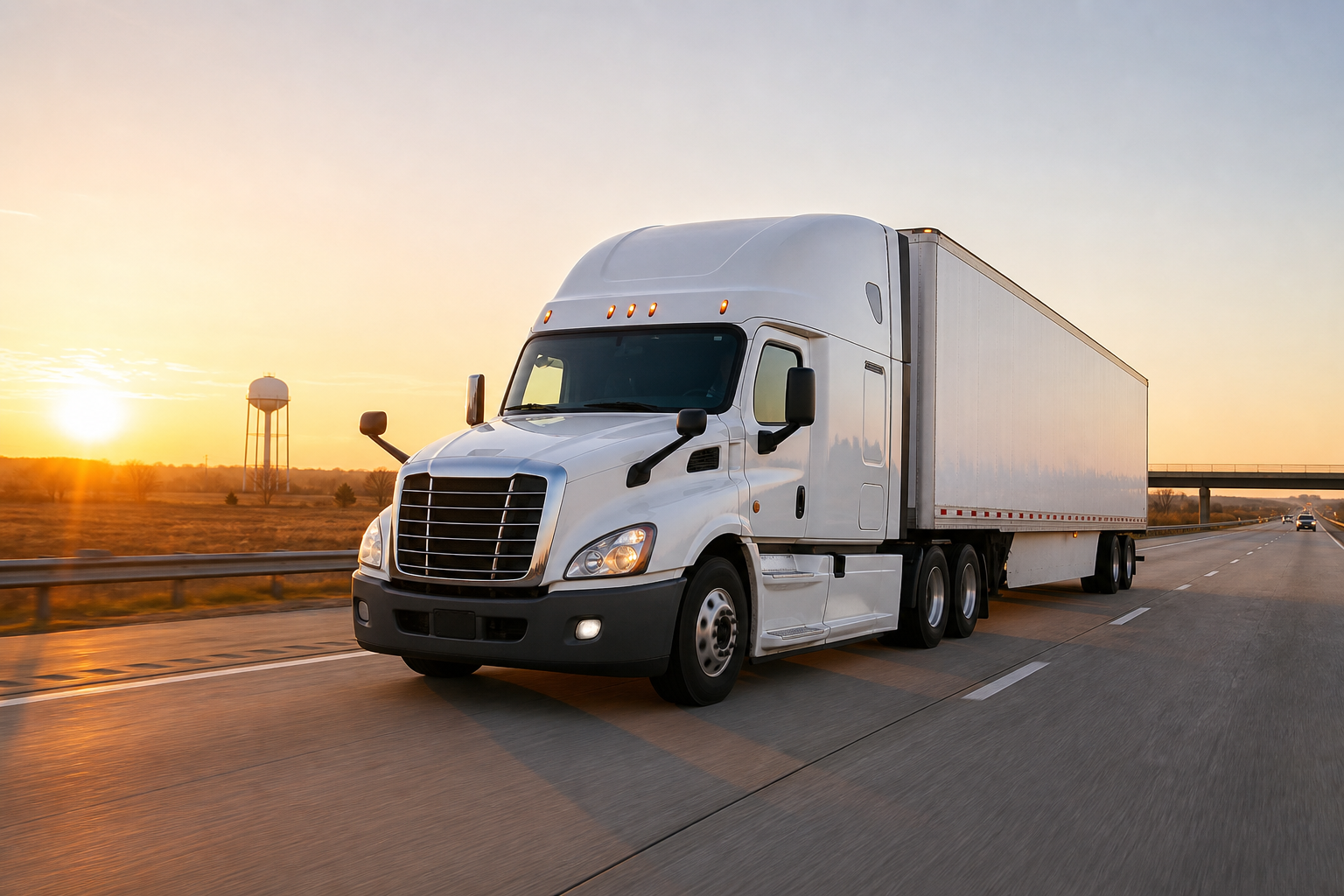 Modern semi-truck traveling on a U.S. interstate at sunrise