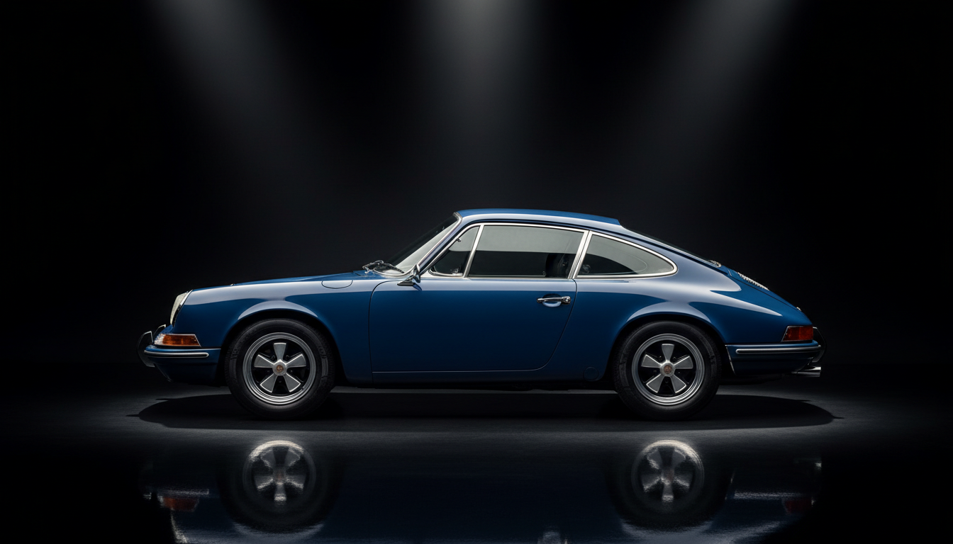 Legendary 1967 Porsche 911 in a dramatic studio lighting, black background