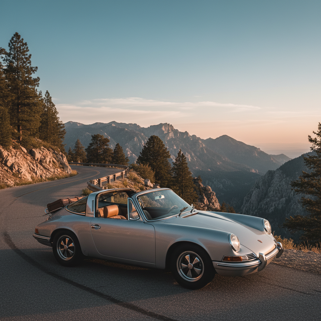 1967 Porsche 911 in silver, parked on a scenic mountain road