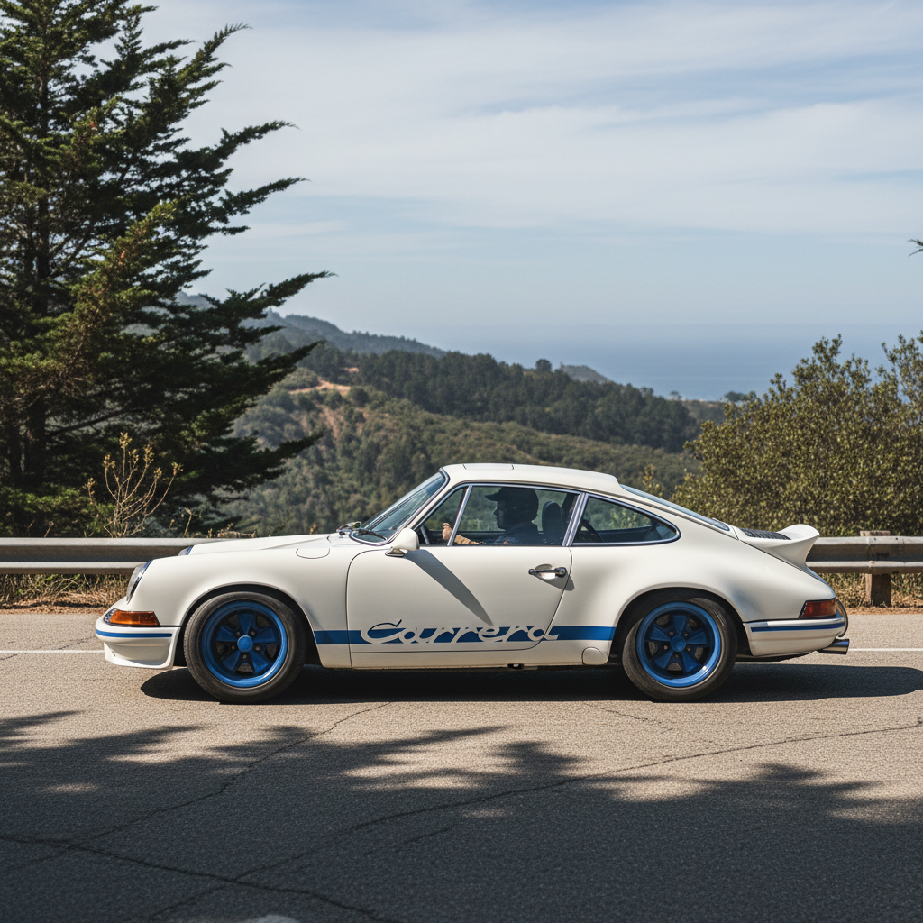 1973 Porsche 911 Carrera RS 2.7 with iconic ducktail spoiler and white body
