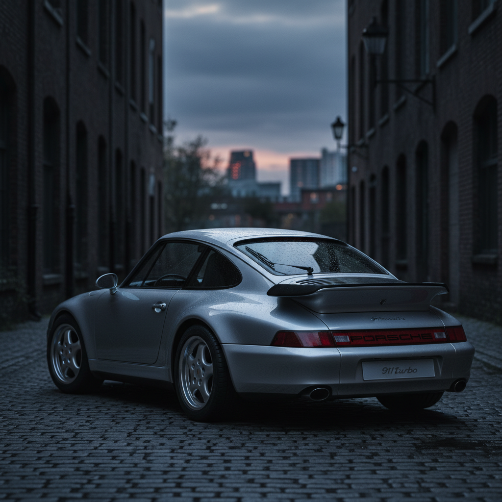1995 Porsche 911 Turbo (993) in silver, rear three-quarter view