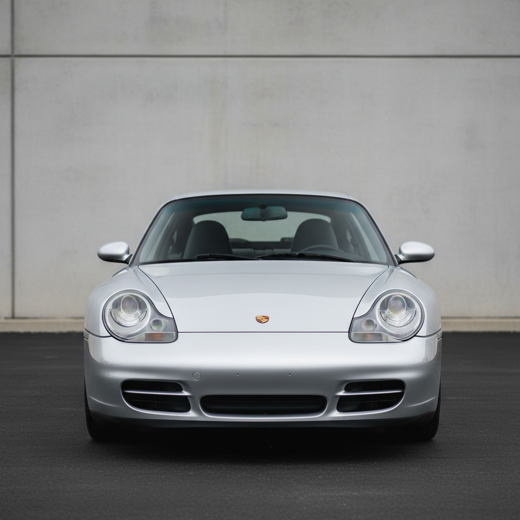 1999 Porsche 911 Carrera (996) in silver, front view with clear headlights
