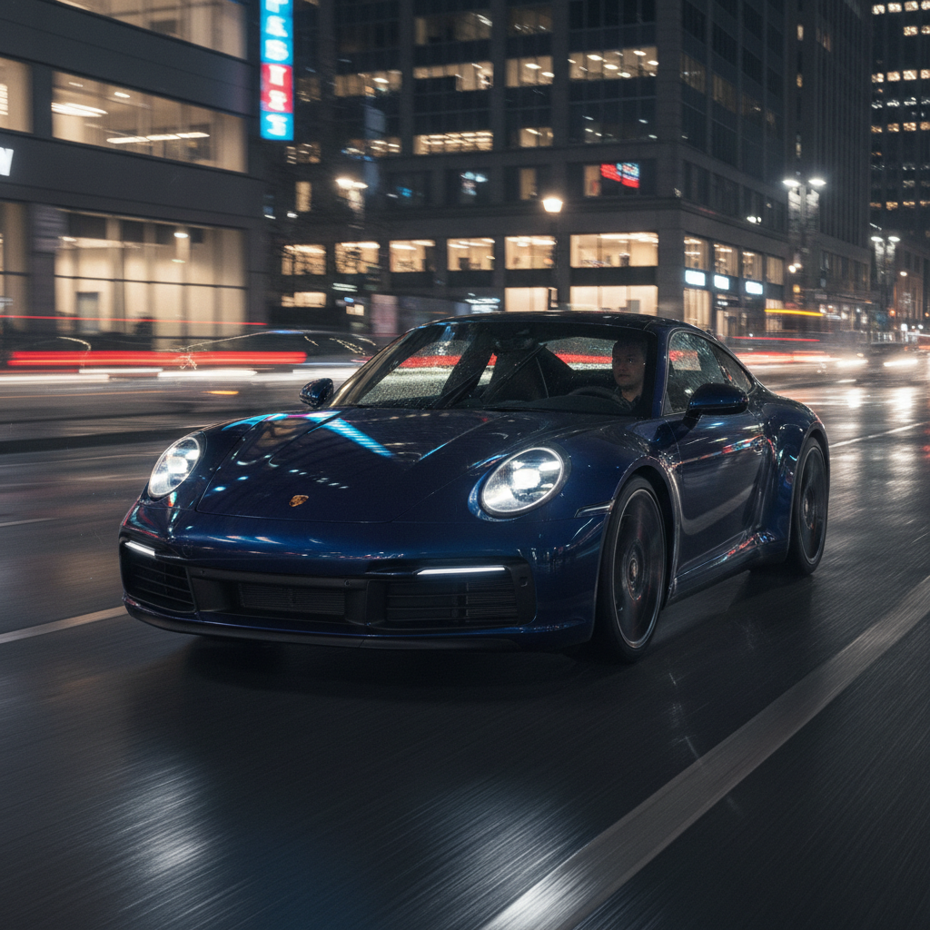 2019 Porsche 911 Carrera S (992) in dark blue, urban night setting