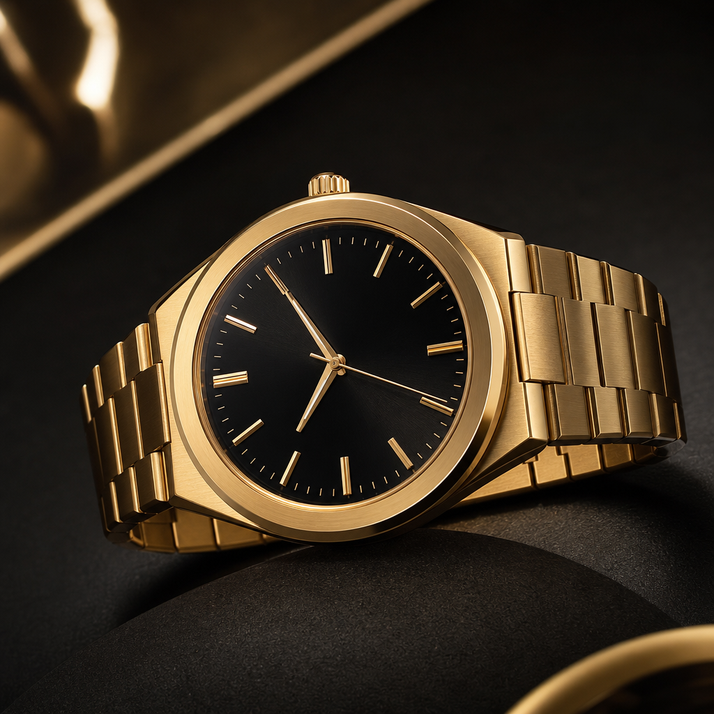 Aurum Chronograph watch with warm gold case, deep black dial, and brushed metal bracelet