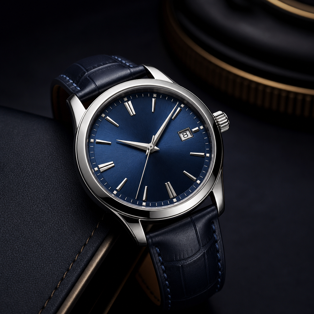 Celeste Reserve watch with silver steel case, blue sunburst dial, and stitched navy strap