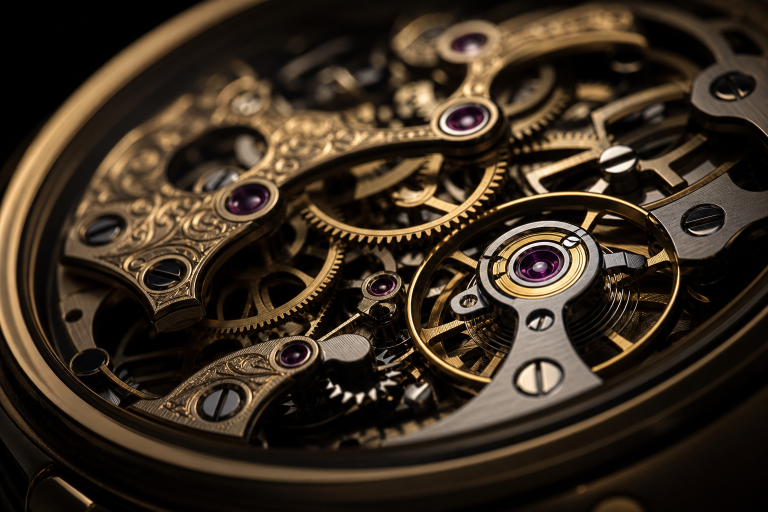 Macro view of a luxury watch movement with gold-toned gears and polished bridges