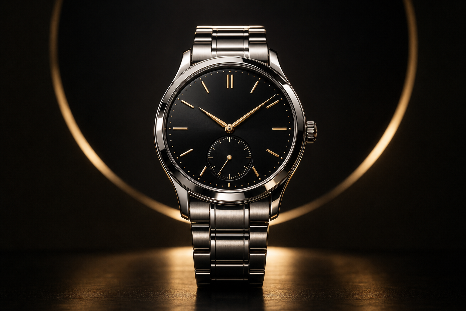 A sculptural platinum luxury wristwatch with a deep black dial, gold-accented markers, and a polished bracelet, lit with dramatic studio highlights