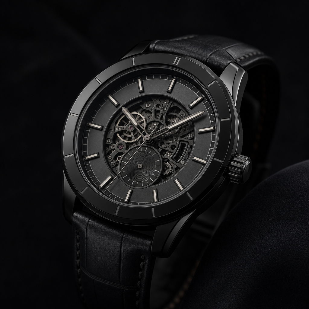 Obsidian Tourbillon watch with black ceramic case, graphite dial, and leather strap