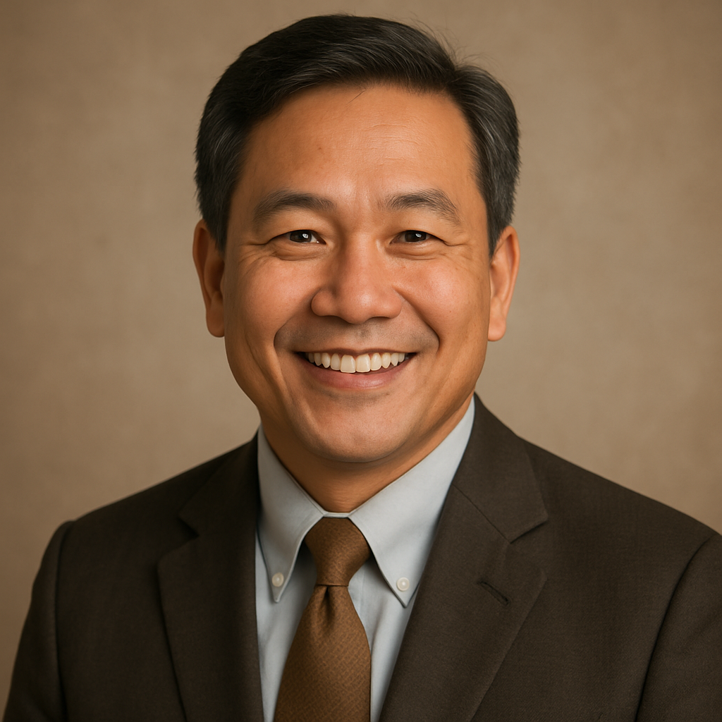 Smiling middle-aged Asian man in a suit