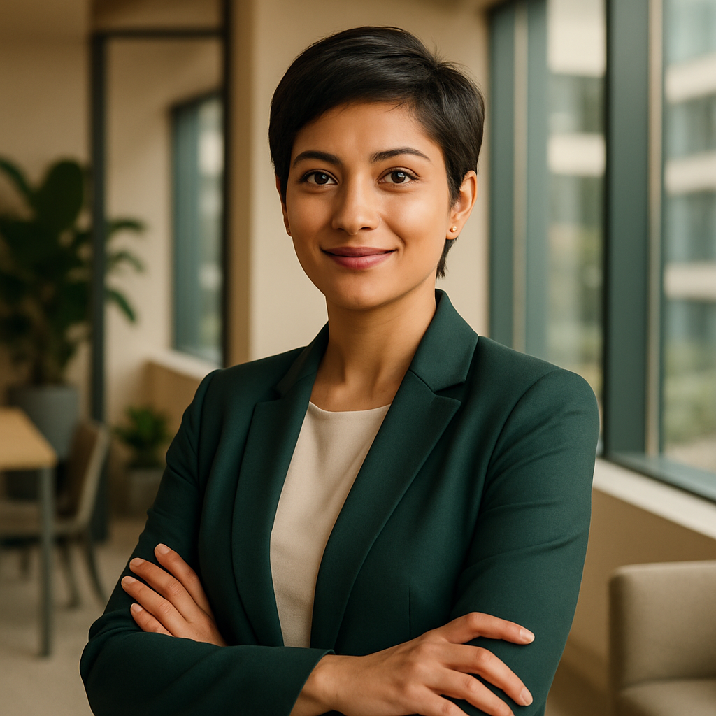 South Asian woman, short hair, business attire, confident