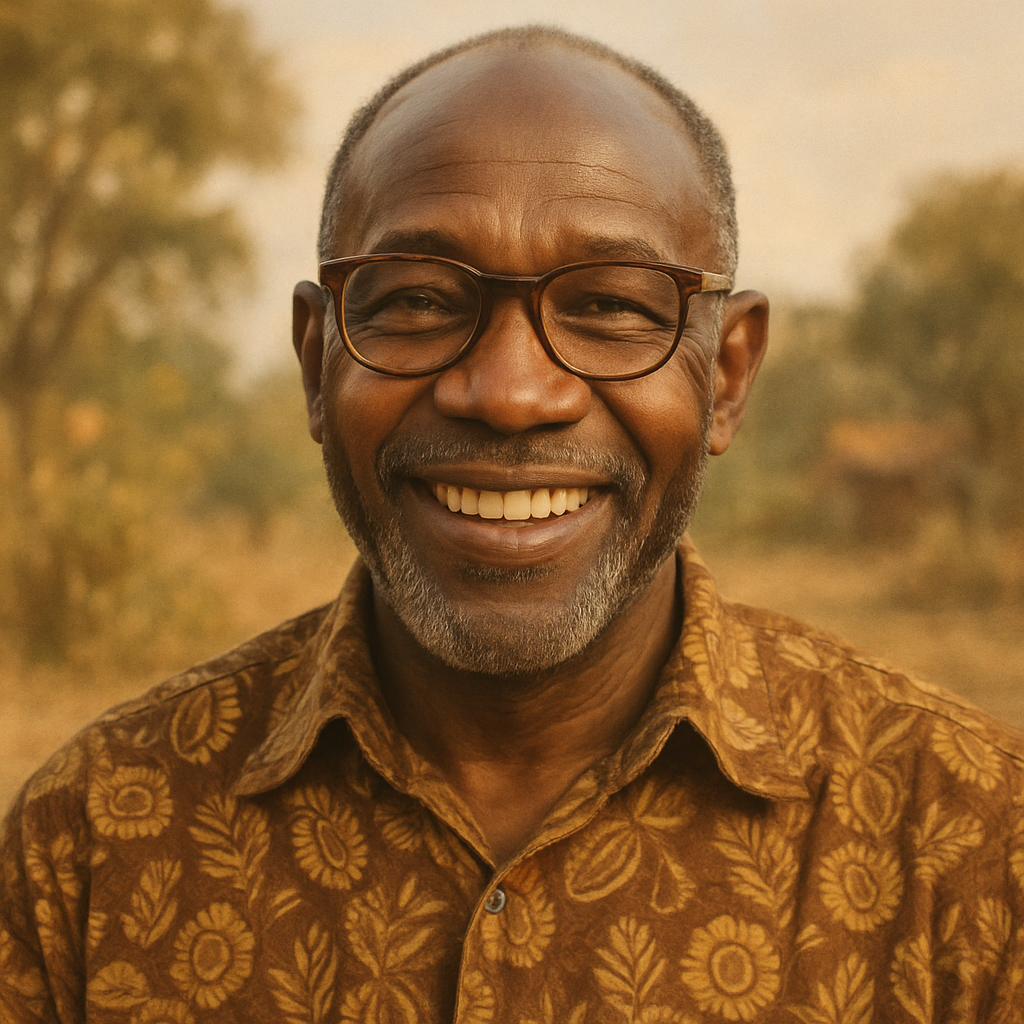 Older African man, glasses and patterned shirt, smiling