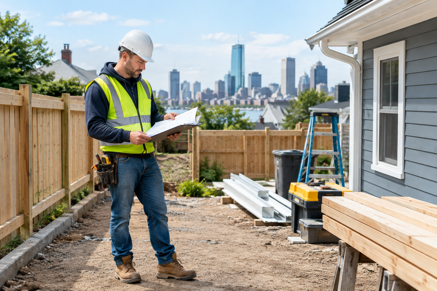 Contractor reviewing plans at a Boston residential exterior improvement jobsite with fencing materials and tools