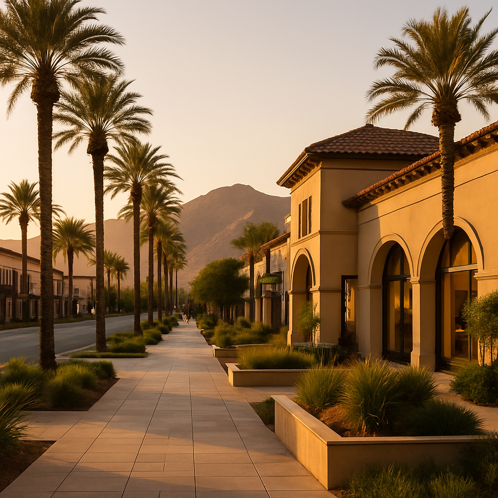 Soft terracotta and sand-toned desert dunes at sunrise with subtle modern city silhouettes in the distance