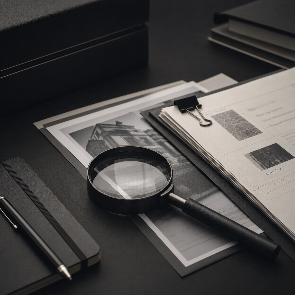 Editorial legal workspace with organized case files, annotated documents, and a restrained desk composition in a dark premium setting