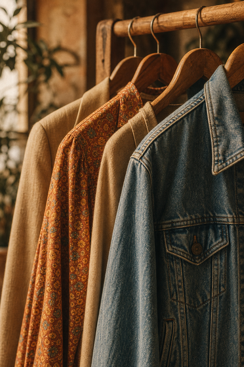 Warm film-style close-up of vintage garments layered on a rack with textured denim and patterned fabric details