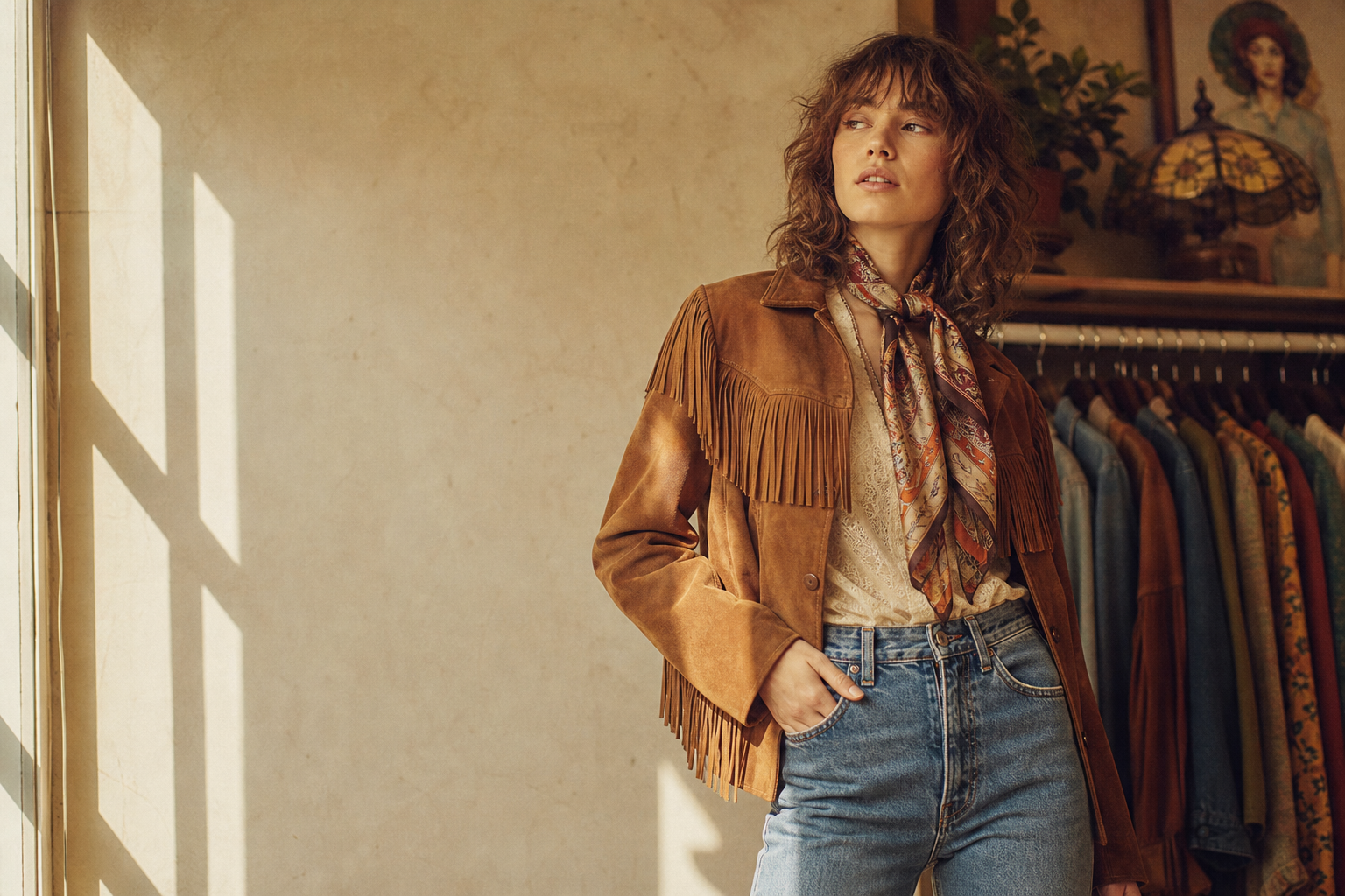 Sun-faded editorial fashion photograph of a model in authentic 1970s and 1980s vintage layers, warm golden-hour tones, soft film grain, and boutique styling