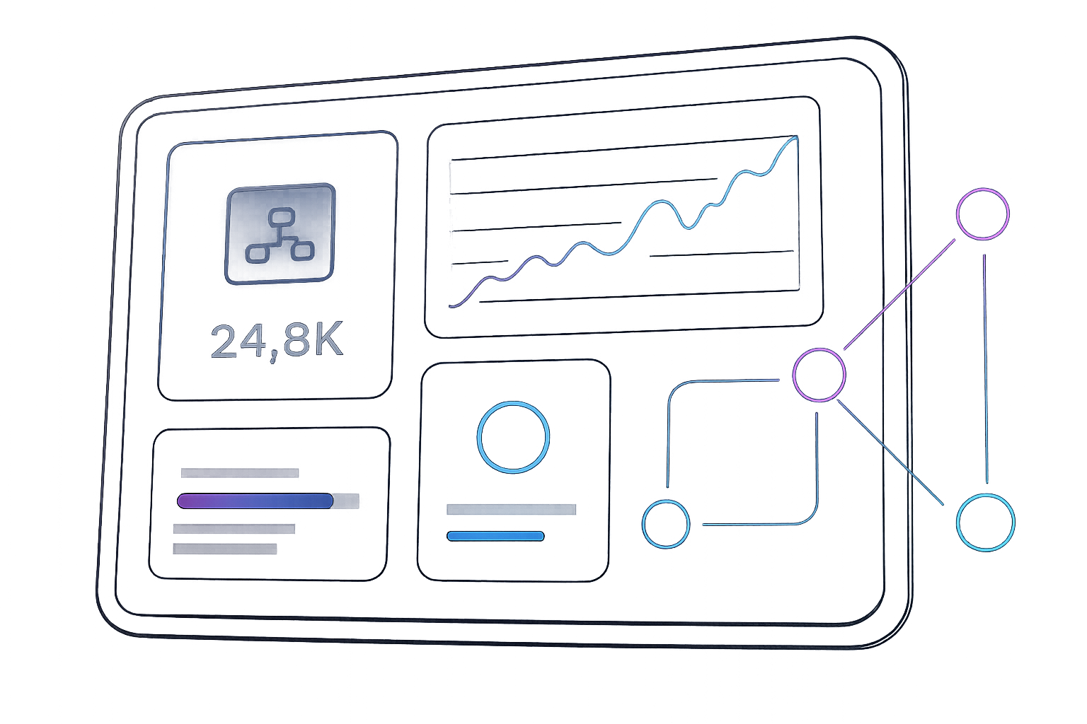 Futuristic premium growth dashboard interface with layered analytics panels, control toggles, luminous workflow paths, and performance charts