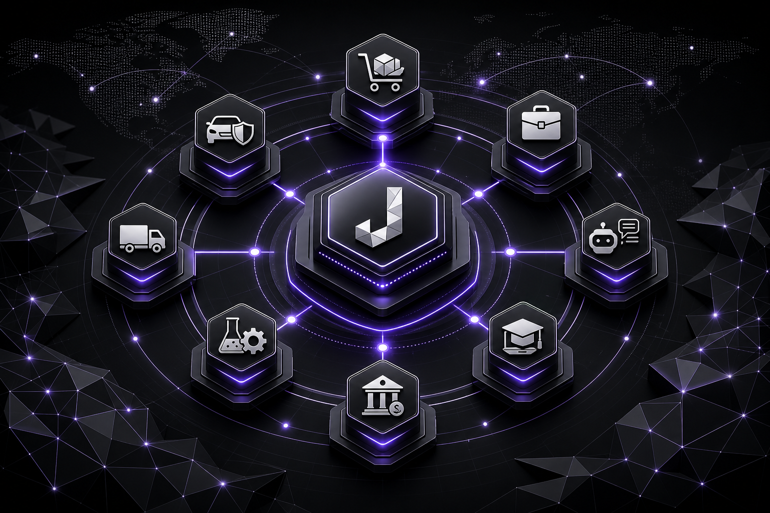 Futuristic layered ecosystem illustration with polygon geometry, glowing nodes, and orbital pathways in a premium monochrome tech style