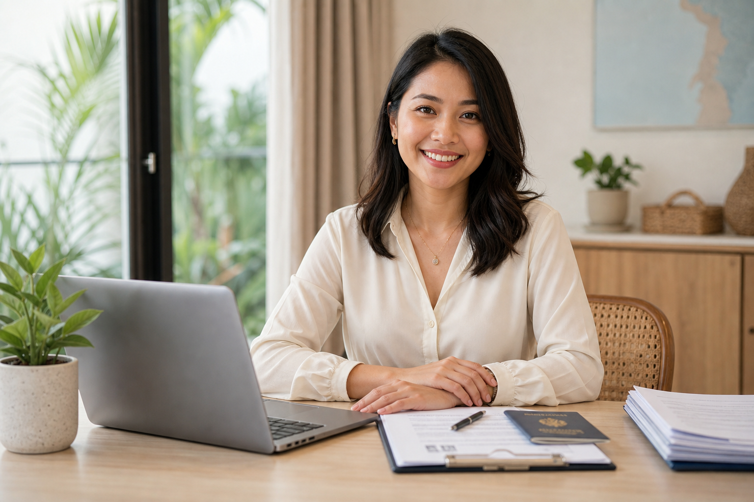 Friendly visa consultant in a modern Bali office, smiling and ready to help with Australian visa applications