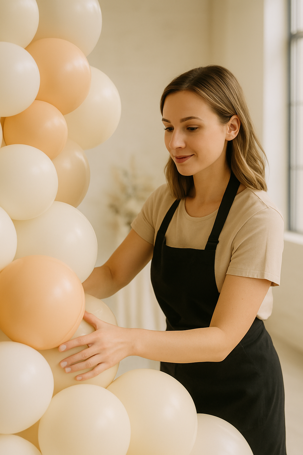 Founder of Balloons For Cure arranging an elegant balloon installation in a bright event space