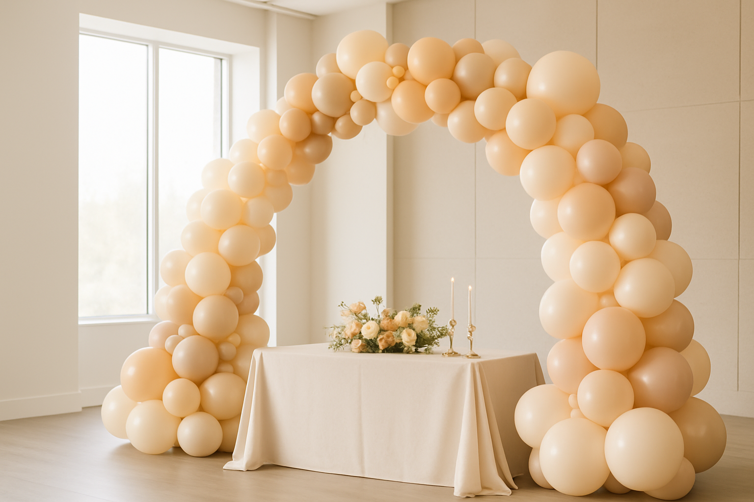 Refined custom balloon installation framing an elegant celebration table in a bright modern venue
