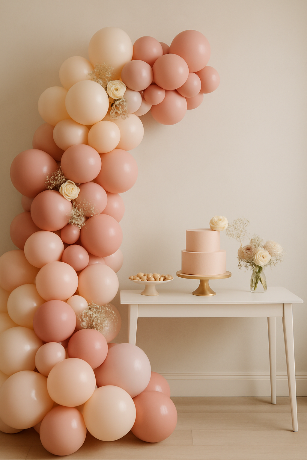 Soft monochrome blush story with tonal rose and ivory balloon layering paired with delicate floral pockets for an intimate setup