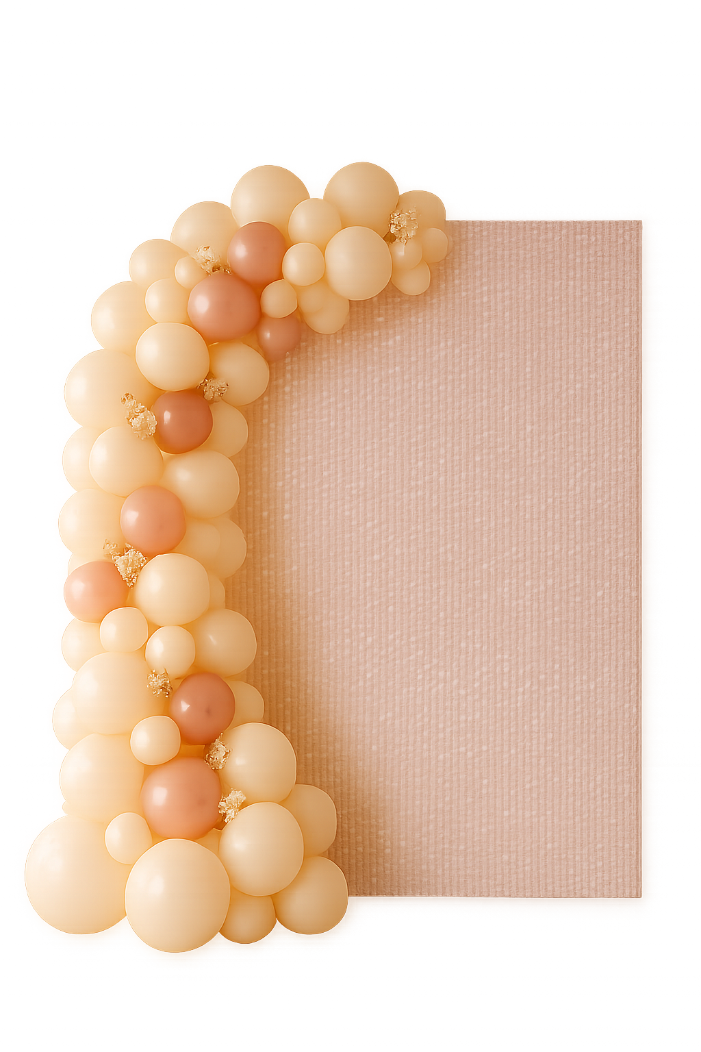 Shimmer-wall half arch installation in rose-peach, pale blush, and ivory with soft iridescent highlights for a luxe celebration backdrop