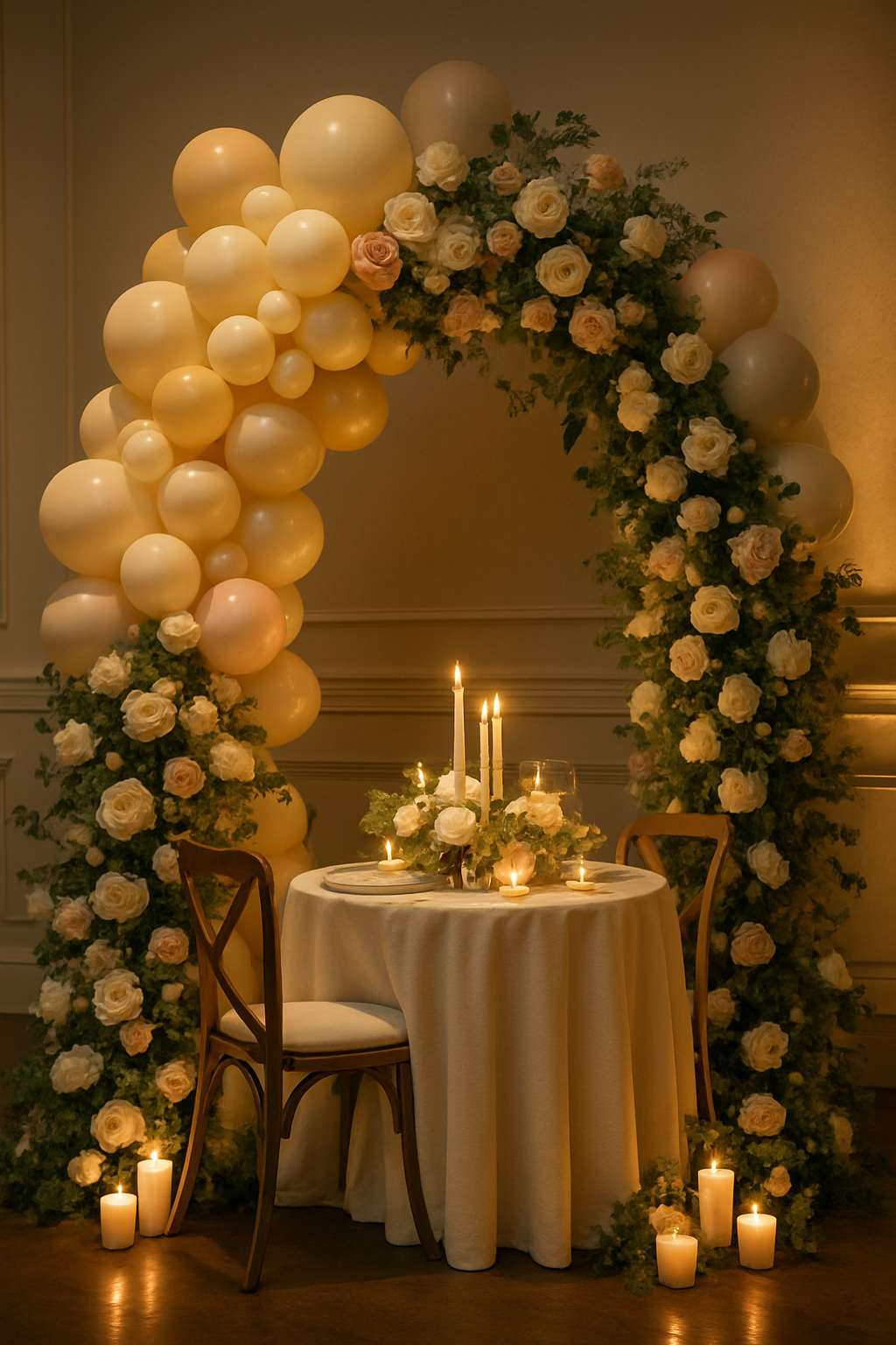 Candlelit floral frame installation in champagne, blush, and warm cream with lush rose clusters styled around a dinner vignette