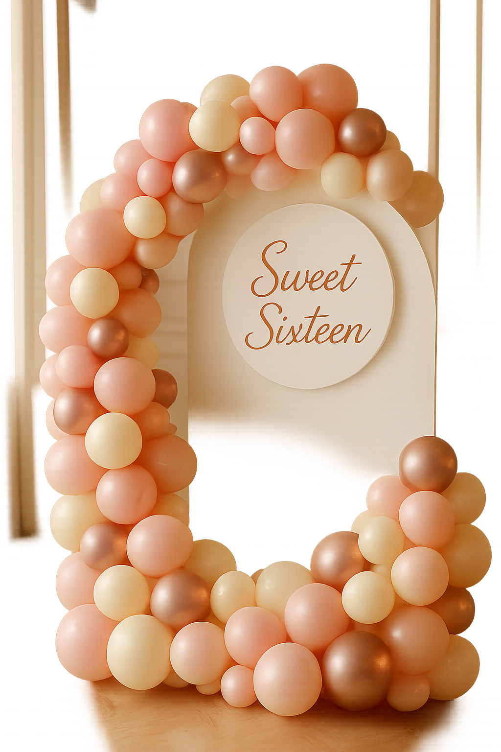 Sweet sixteen glam focal point with curved blush structures, mirrored accents, and luxe rose-gold styling around custom signage