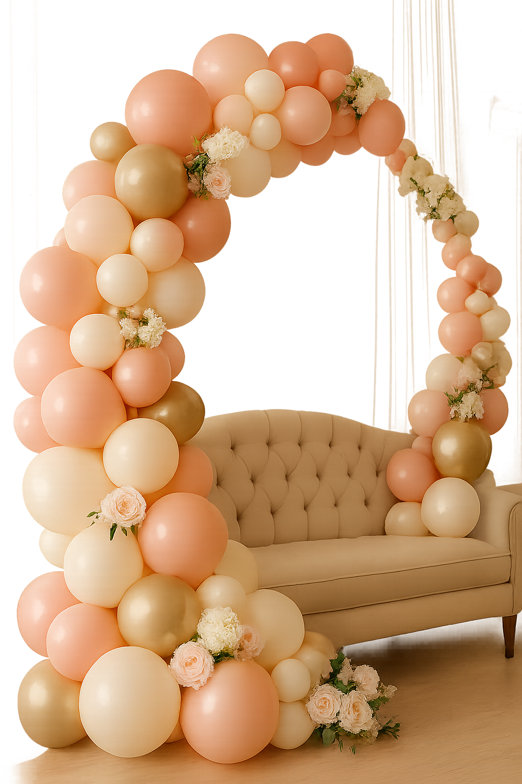 Blush-and-gold celebration styling for a milestone party with floral-touched balloon crescents and polished lounge-side framing