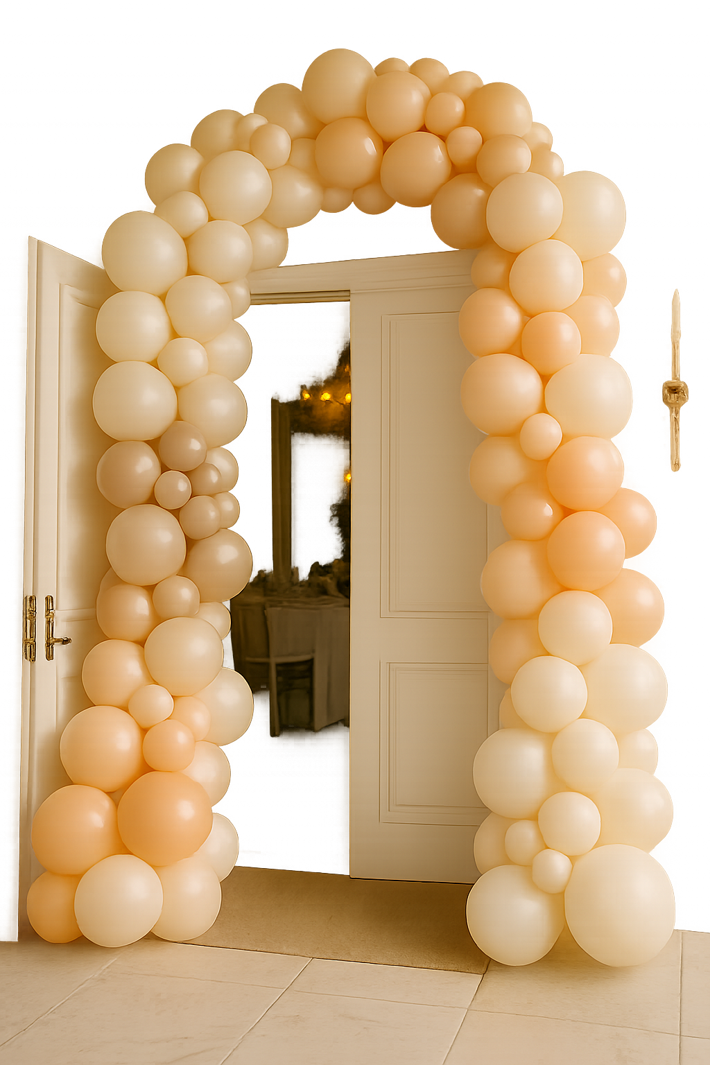 Curved champagne entry styling with pale peach and ivory organic clusters framing a refined welcome moment