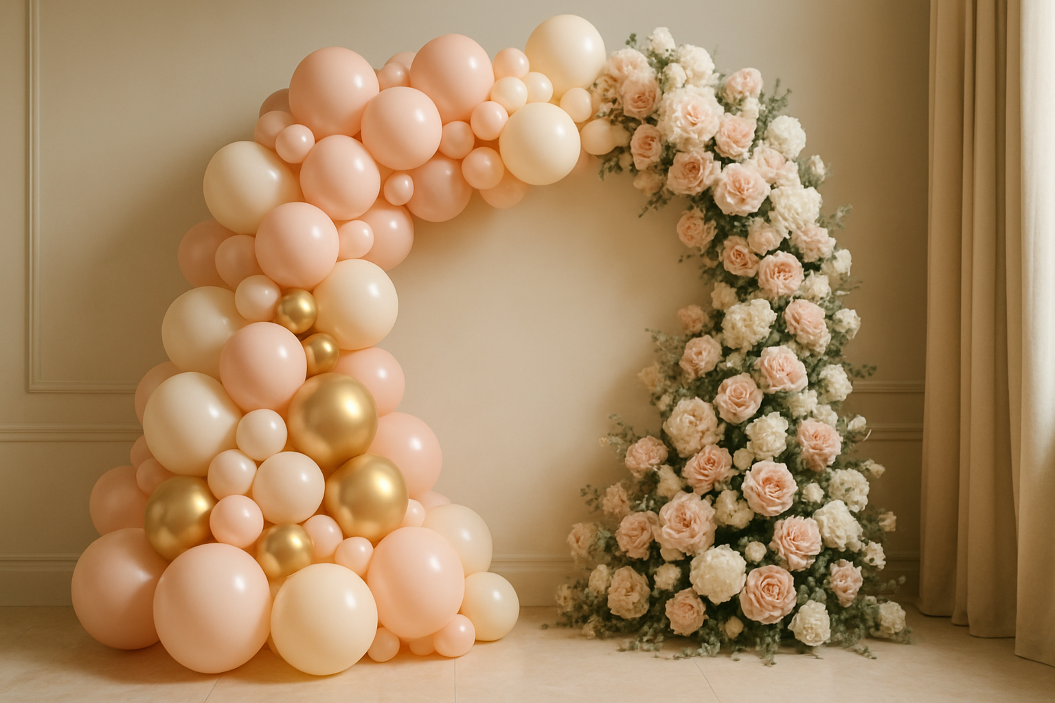 Featured floral statement wall with cascading blush, ivory, and champagne balloons framed by warm gold accents and romantic blooms