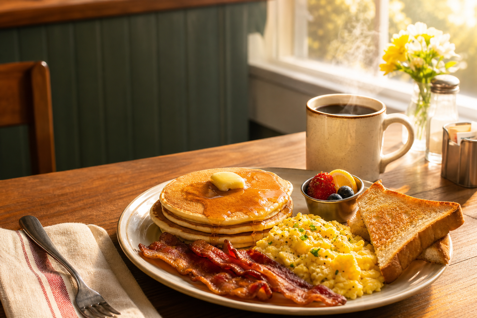 Bright plated breakfast scene with pancakes, eggs, coffee, and warm morning light