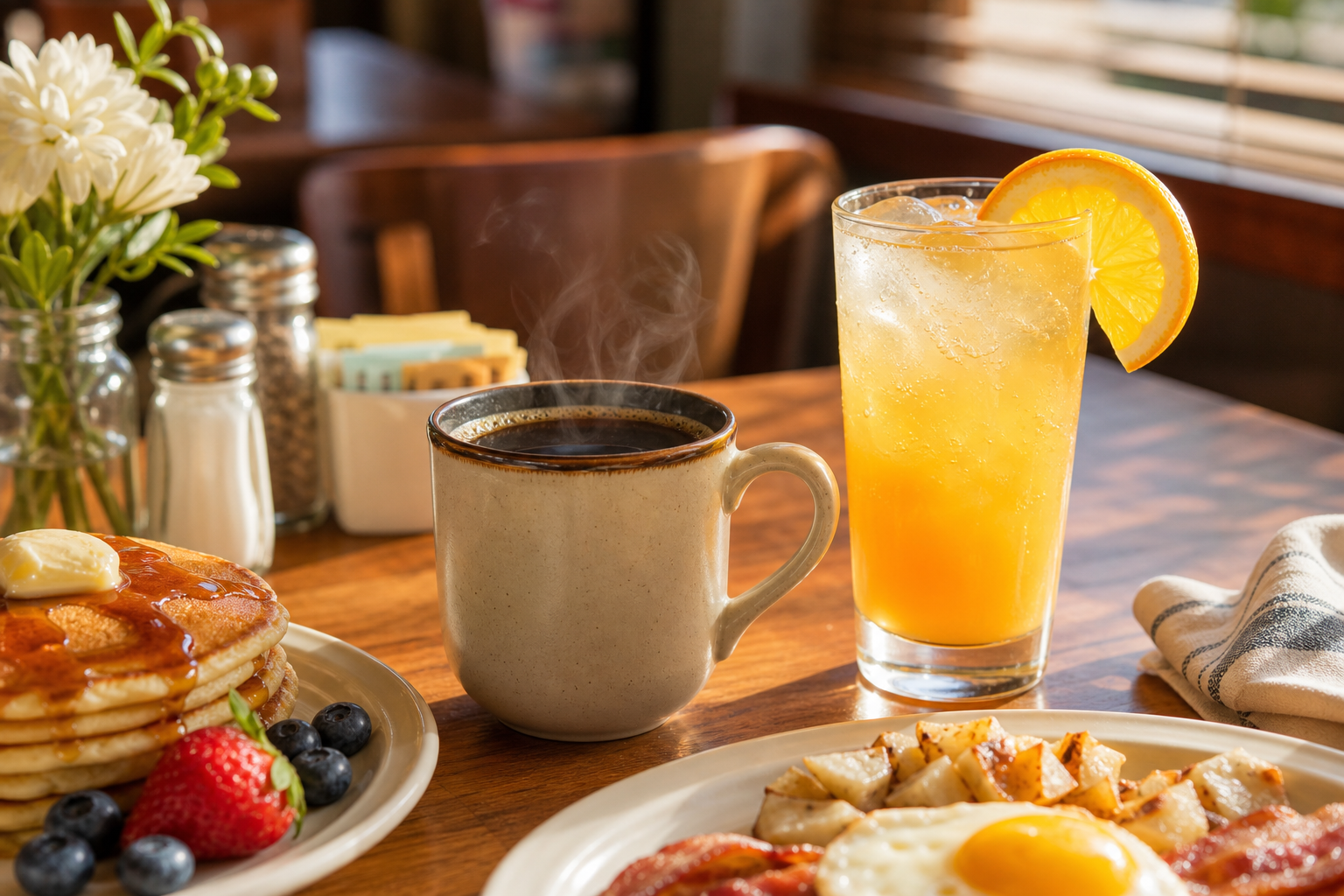 Fresh coffee and brunch drinks on a breakfast table