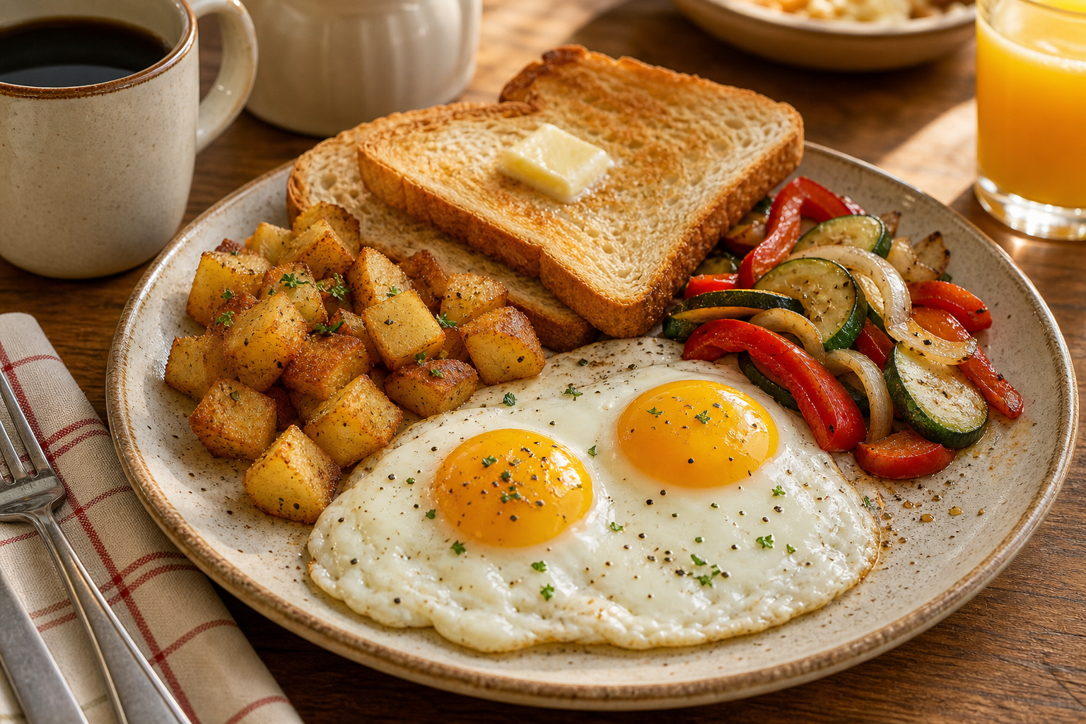Hearty egg breakfast plate with toast and sides