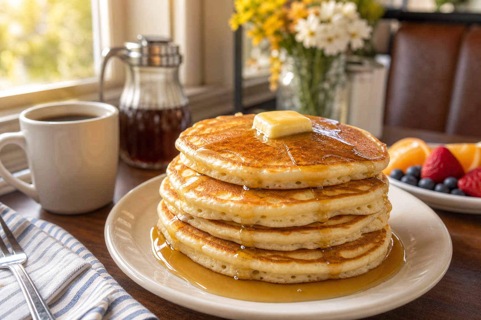 Tall stack of buttermilk pancakes with butter and syrup