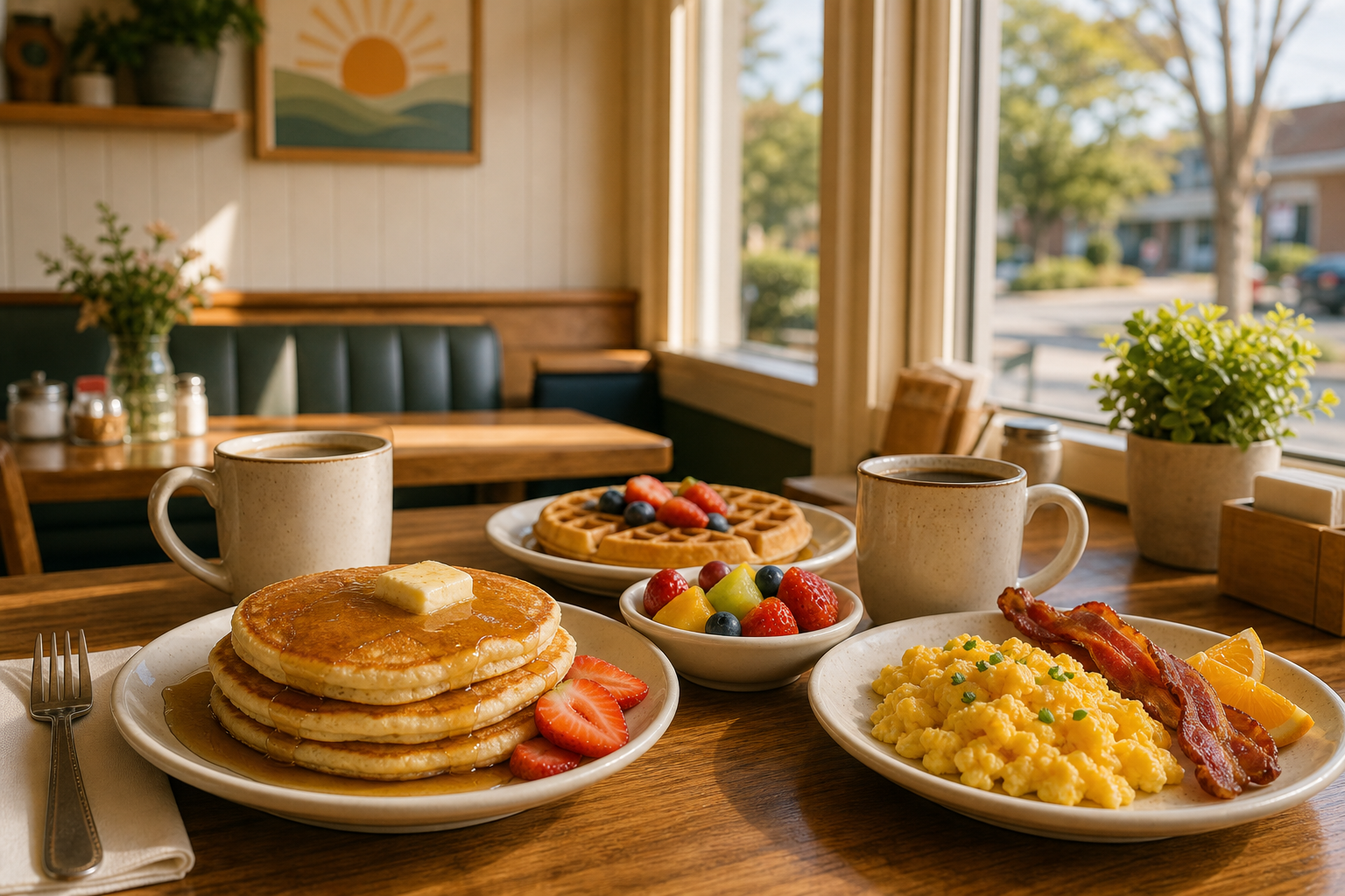 Bright casual breakfast table inside a welcoming neighborhood restaurant with pancakes, eggs, fruit, and warm morning light