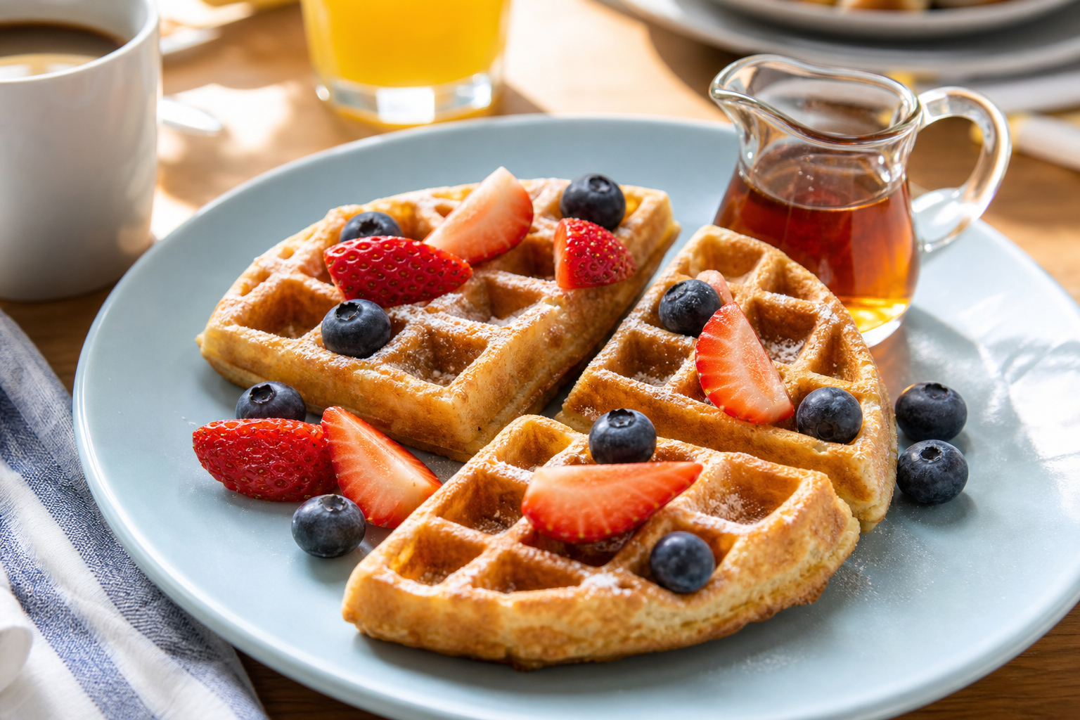 Belgian waffle plate with berries and syrup
