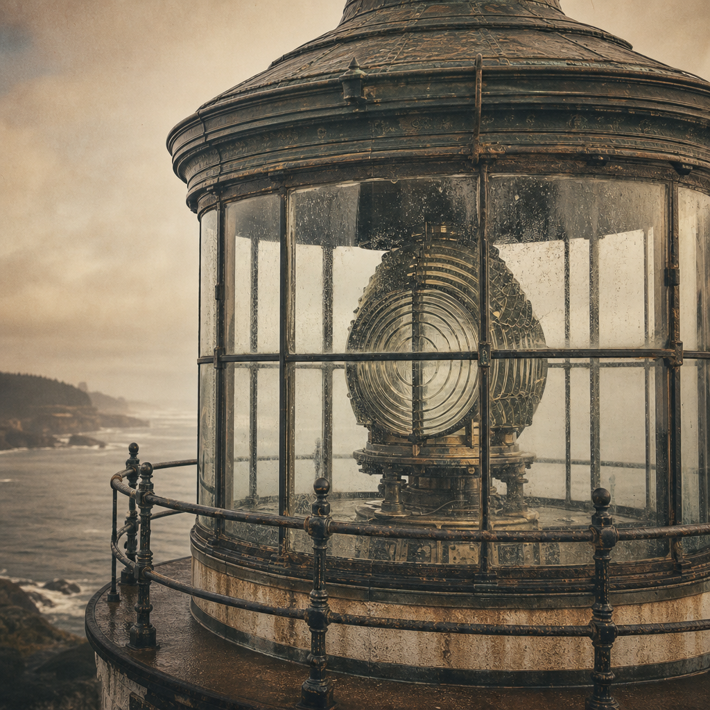 Archival-style close view of a lighthouse lantern room with weathered metal framing and sea haze