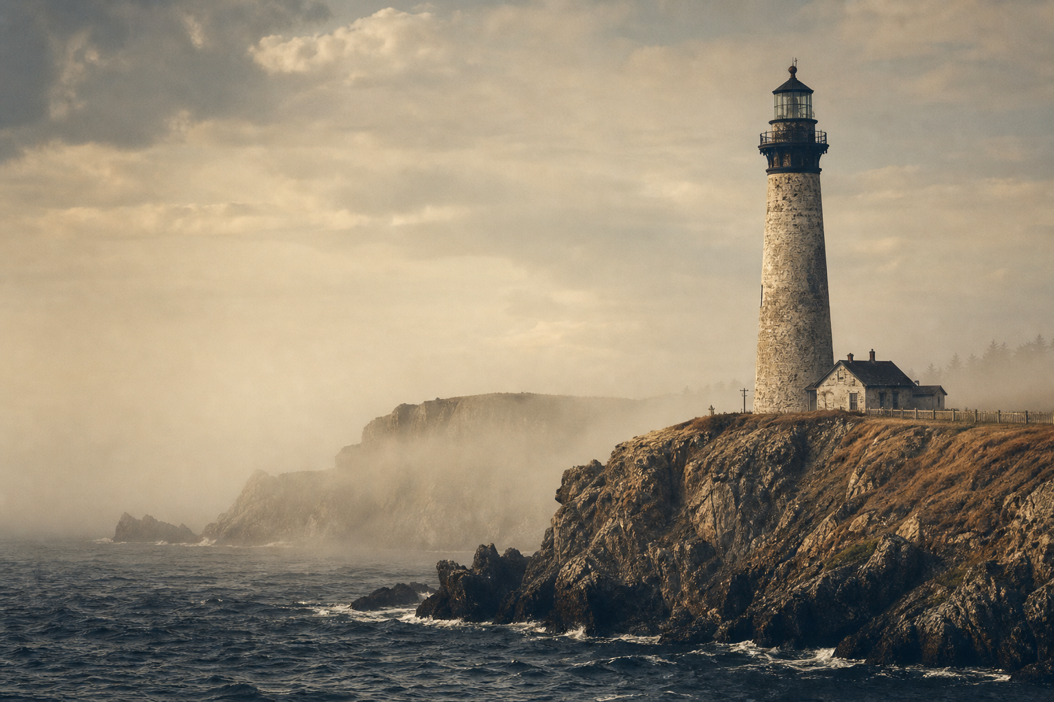 Archival-style view of a northern coastal lighthouse on a weathered headland above choppy sea under warm evening haze