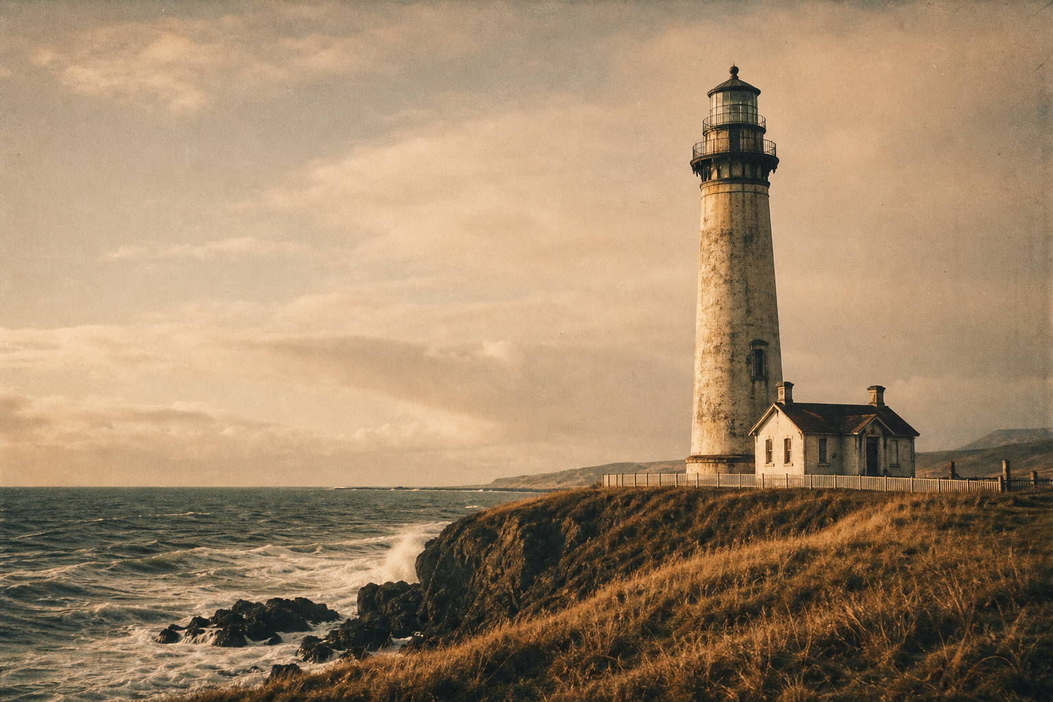 Stone lighthouse on an exposed headland under low coastal light