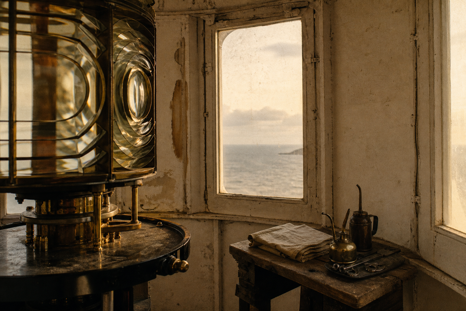 Warm archival-style lamp room interior with brass lens housing, folded polishing cloths, and a narrow window facing the sea at dusk