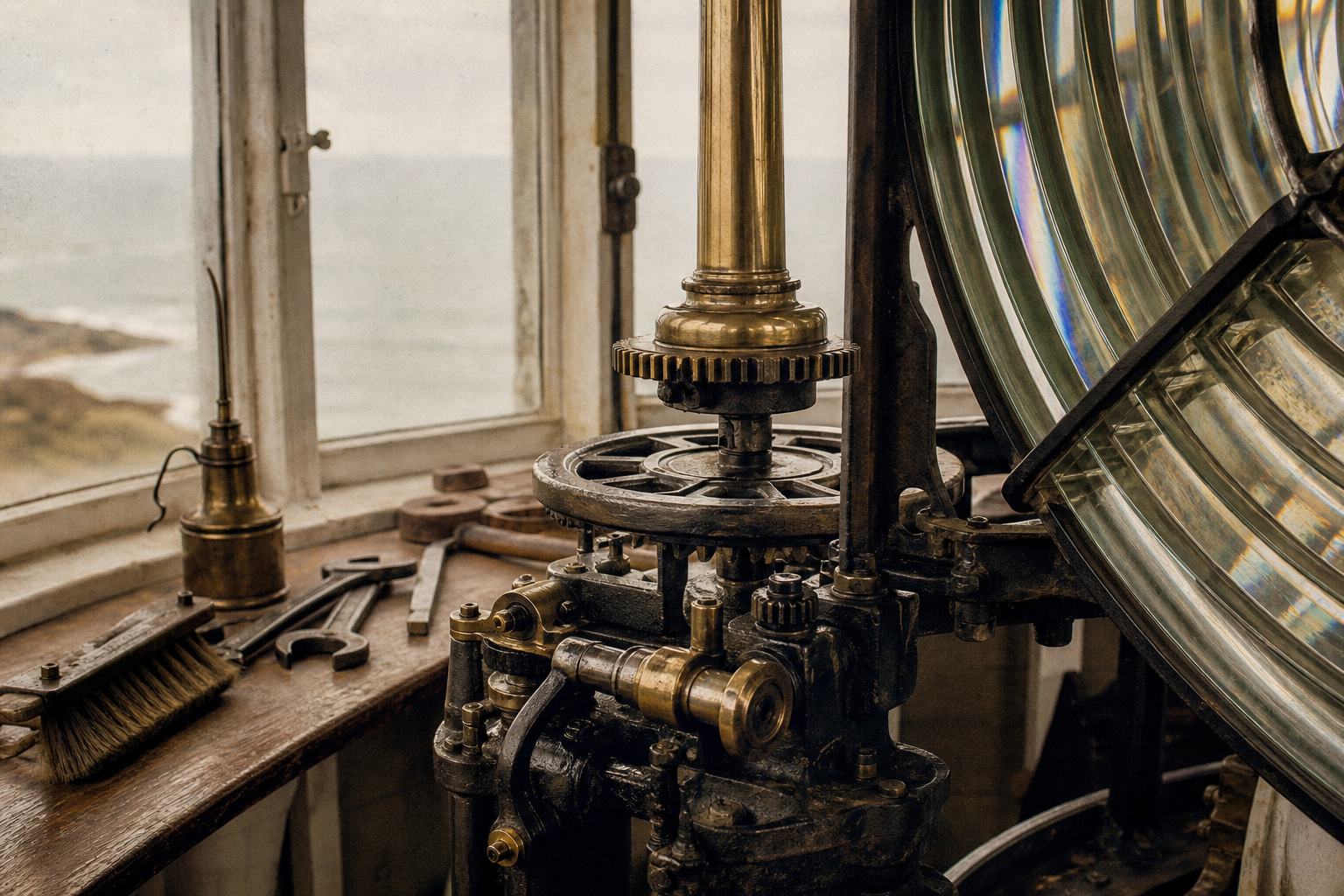 Close archival view of lantern-room machinery and polished brass gearing