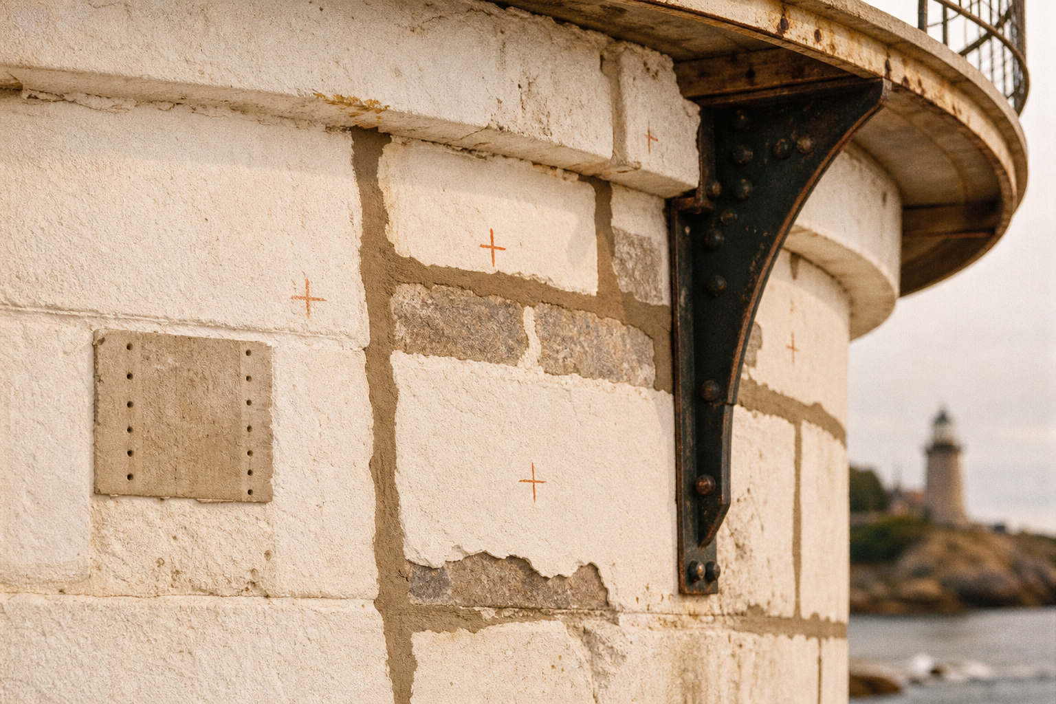Close detail of restoration work on historic lighthouse masonry and ironwork