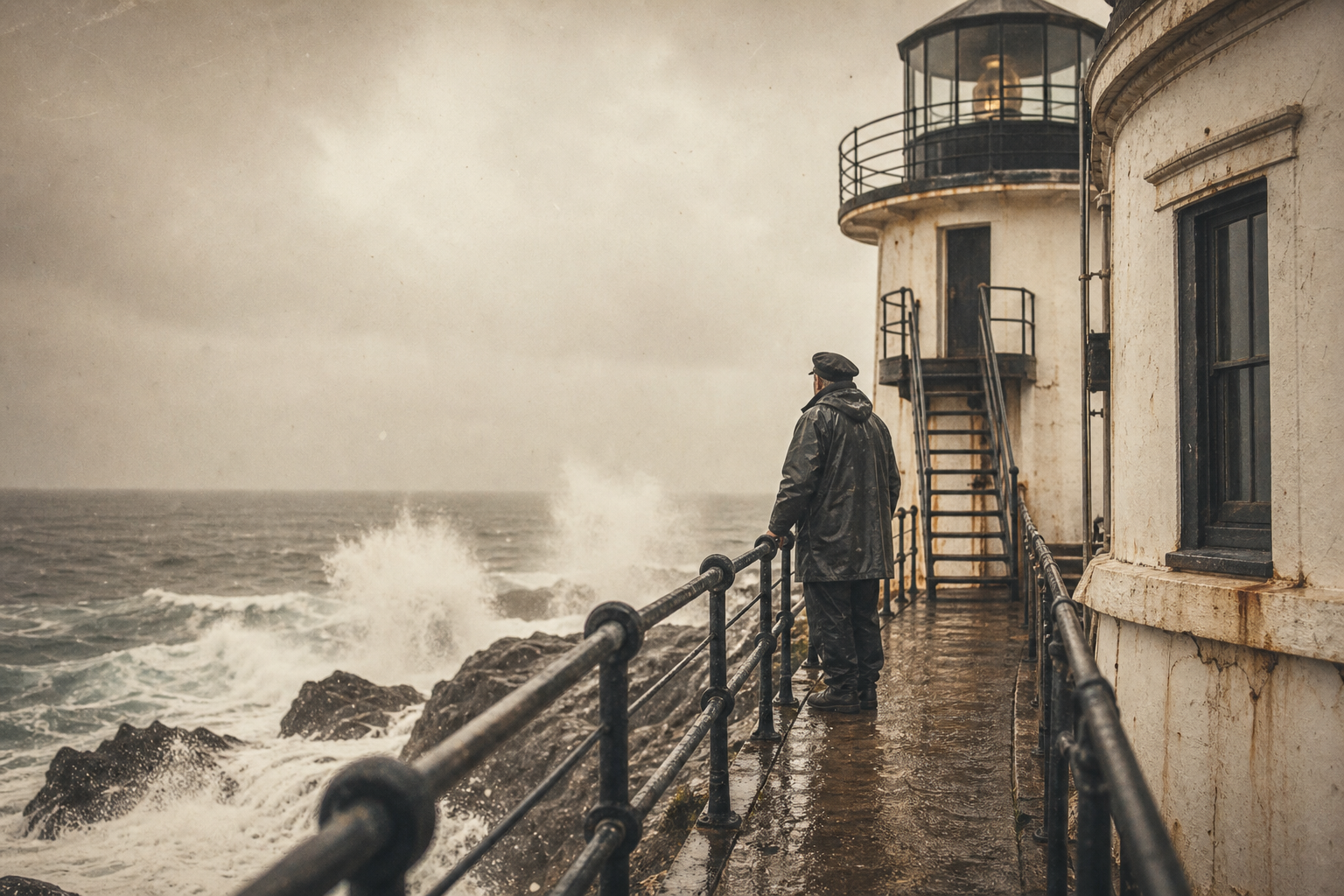 Archival-style coastal lighthouse walkway in rough weather with wet railings, windblown spray, and a keeper silhouette near the lantern access