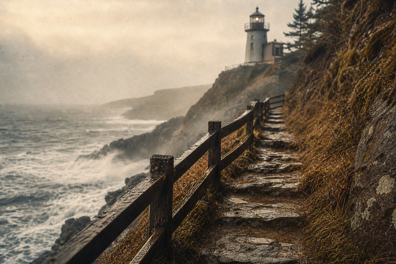 Narrow weather-beaten approach path leading toward a coastal lighthouse