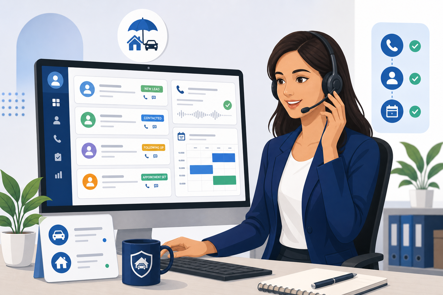 Organized insurance lead follow-up workflow with a headset support specialist and CRM dashboard cards