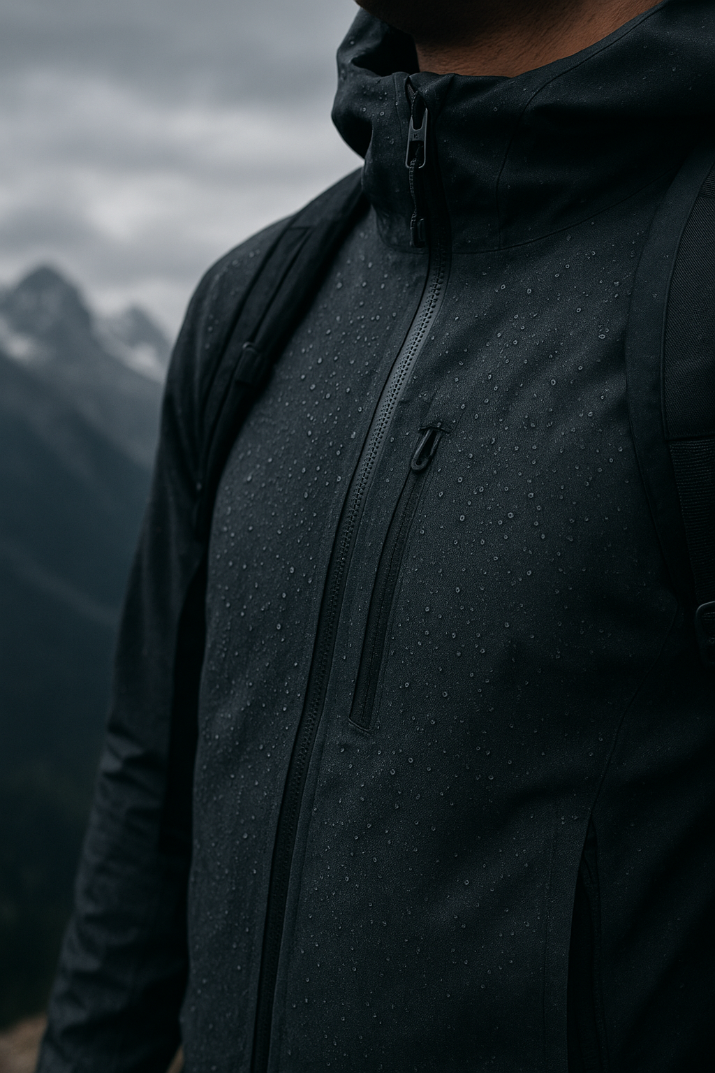 Close-up technical shell fabric and alpine hiker detail with moisture-resistant texture